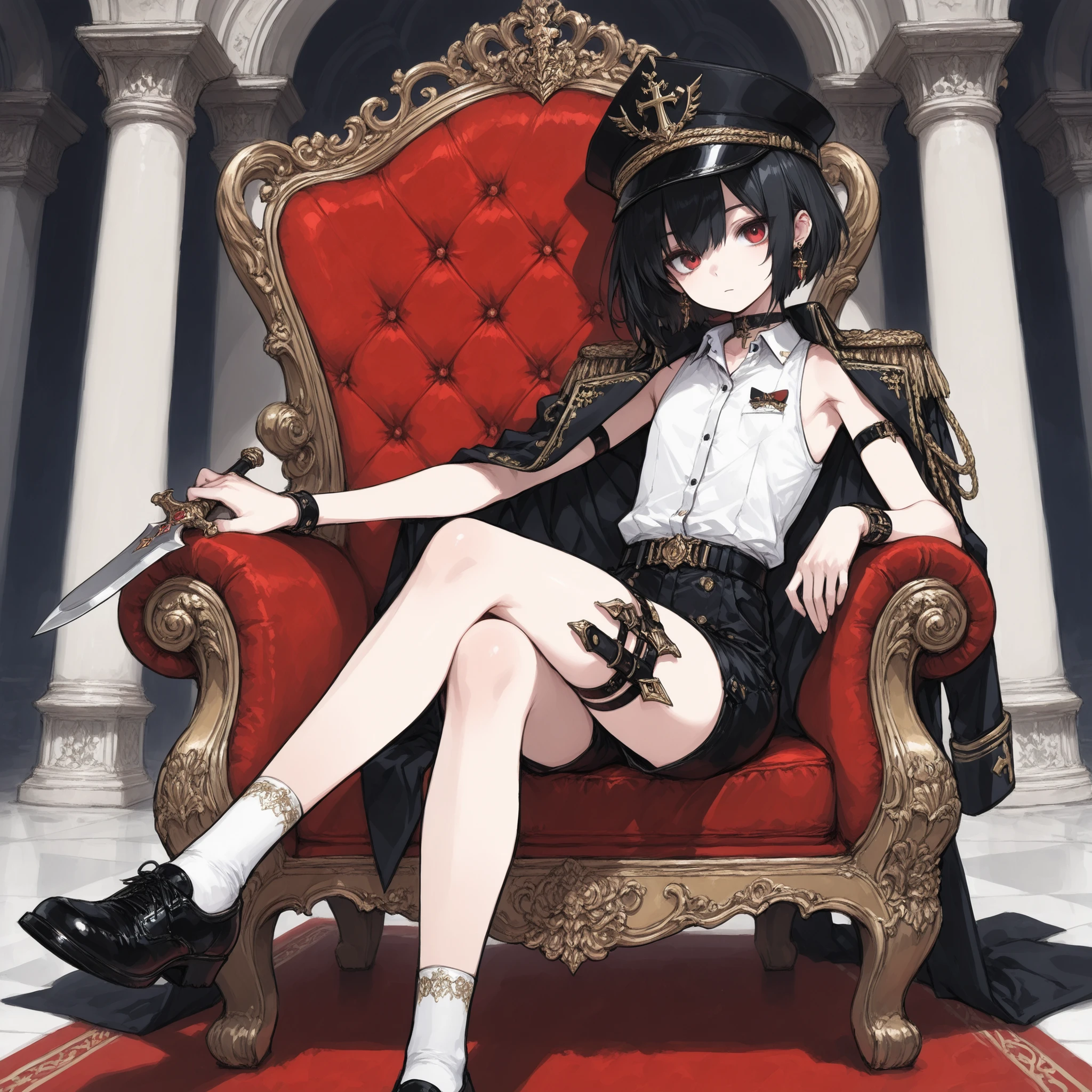 ((Best quality)), ((masterpieces)), (detailed), perfect face, SOLO, ((femboy)), tomgirl, ANIME, beautiful detailed eyes, BOB hair, BOBed hair, black hair, RED EYES, BARE thighs, (((BARE LEG))), ((BLACK short pants)), (((dress shirt))), ((Flat chest)), Choker, (knife thigh strap), (Black General's Uniform), uniform hat, ((general uniform top)), ((sleeveless)), arm straps, general's uniform top draped over the shoulders, expressionless, tight short black shorts, ((Holding dagger)), earring, Royal palace, GREAT HALL, red throne, cross legs, Black shoes and white socks, (Countless Shadow Daggers))