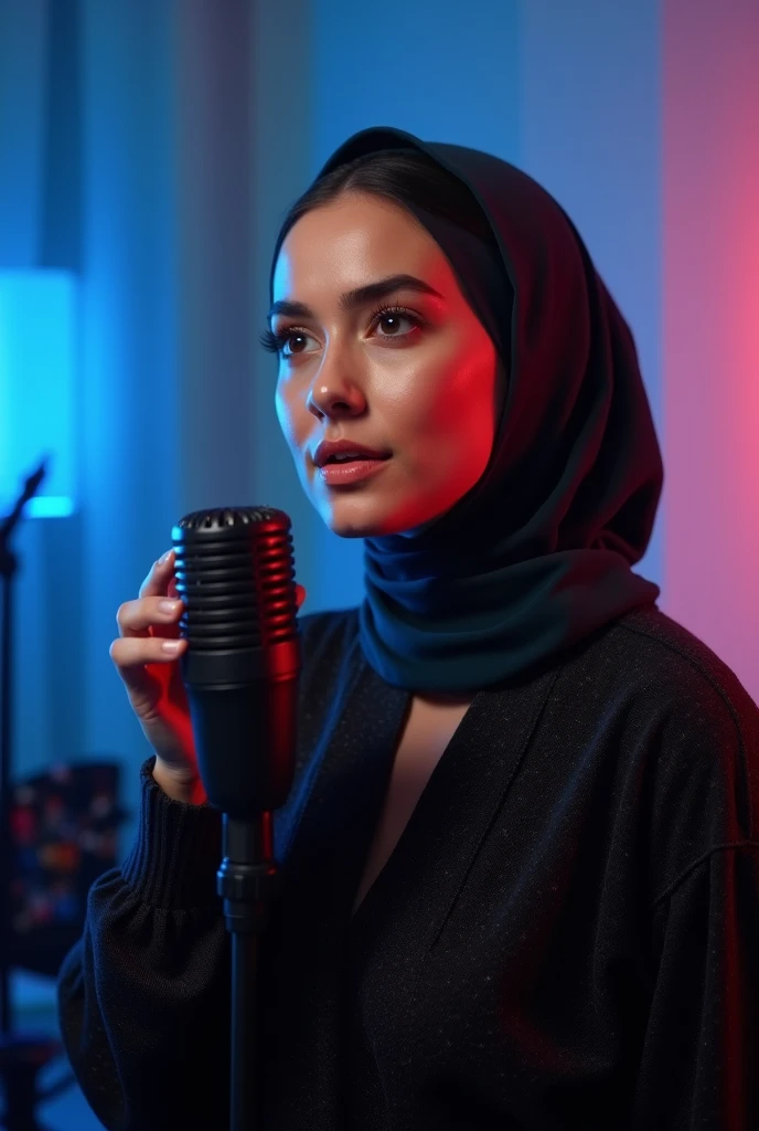 A Chinese Indonesian model wearing a hijab in a studio is singing. The girl is so beautiful with very balanced noise and plump lips. She got a very sharp looking eyes ready to make you feel oblige to her command