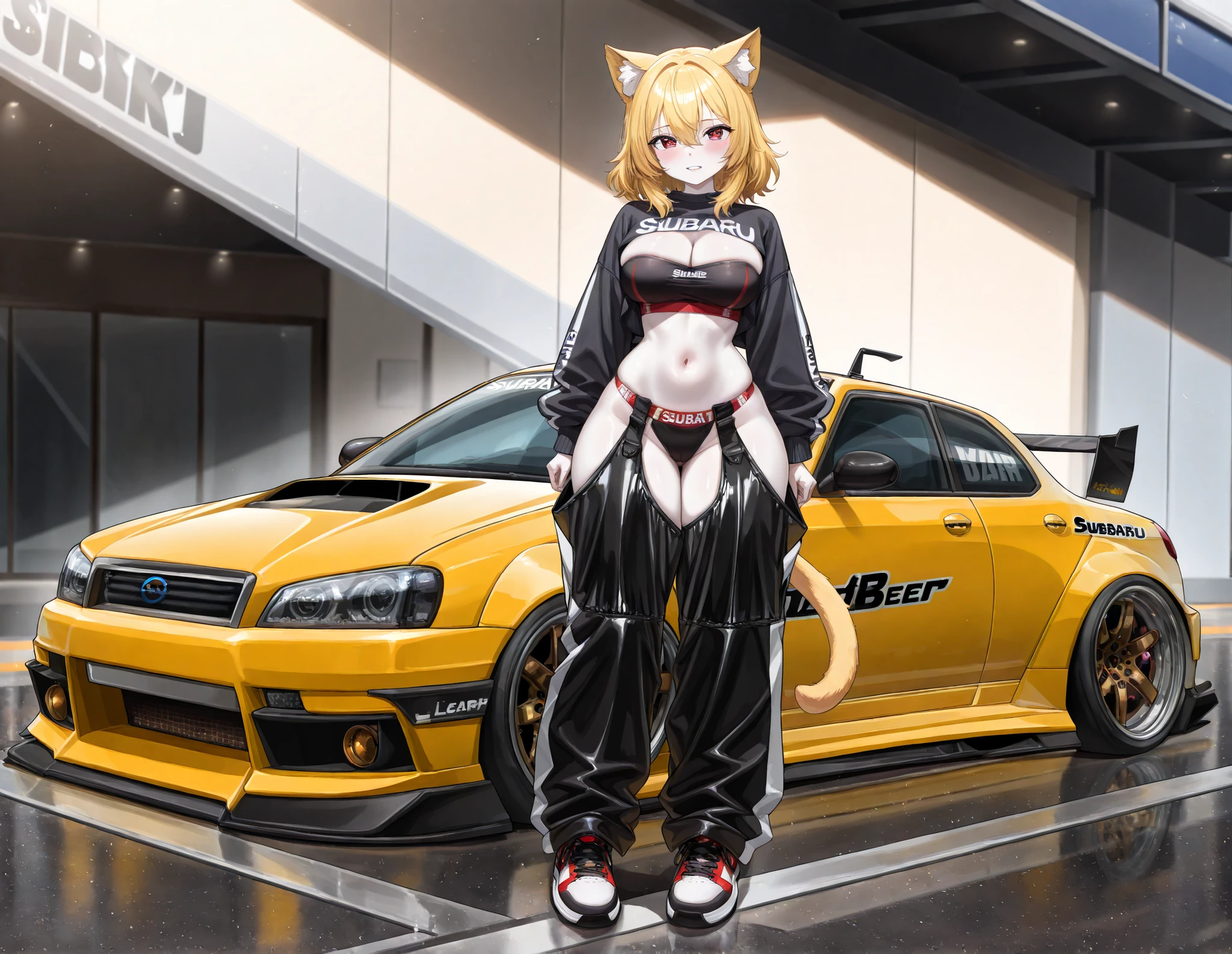 (1girl, solo, cat ears, yellow ears, cat tail, yellow tail, yellow hair, medium hair, bangs, hair between eyes, beautiful face, red eyes, pale skin, white skin, beautiful breasts, cleavage, navel, wide hips, cropped high cut sweatshirt, strapless top, sport panties, baggy oversized open chaps pants, harem pants, sneakers, standing, cute, silly, full body, street racer,tuning car,bodykit,full car,highly detailed,subaru,legacy, masterpiece, best quality, amazing quality, very aesthetic, high resolution, ultra-detailed, absurdres, newest, volumetric lighting)
