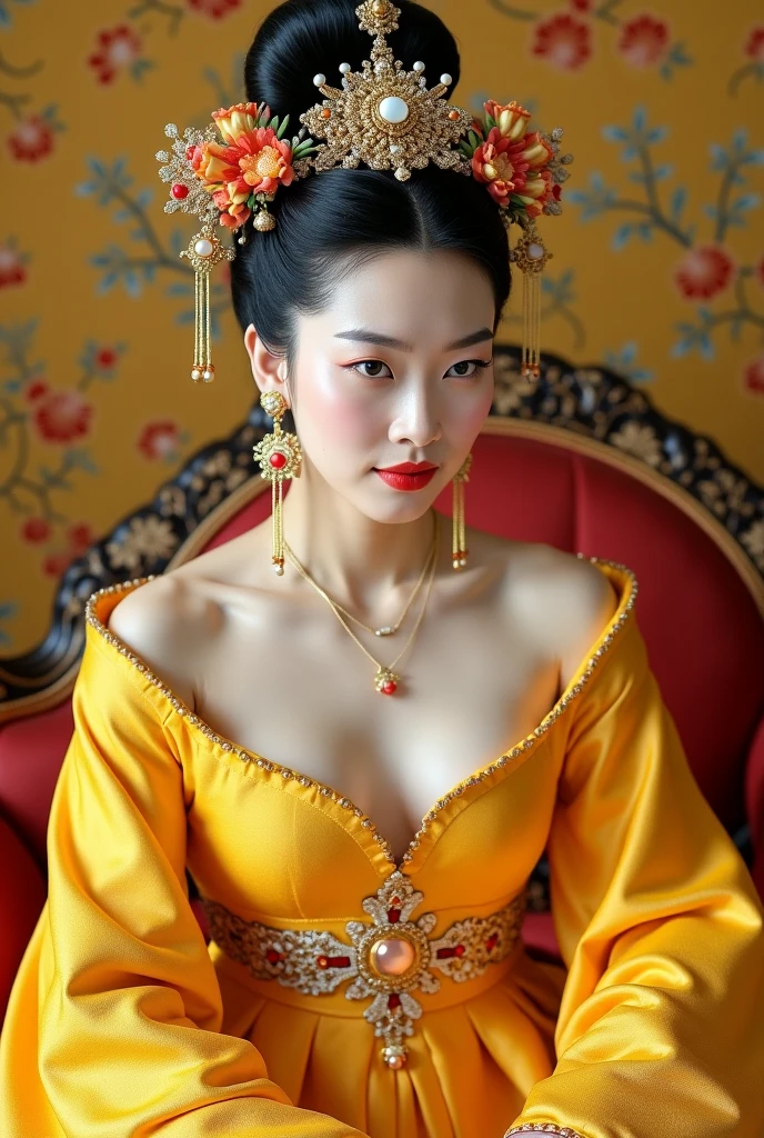 A gorgeous empress of the Chinese court during the Qing Dynasty, naked with big breasts on a golden sofa, spreading one's legs open wide with knees bent,creating the shape of the letter M(Porn Pose) A gorgeous Chinese imperial empress with her hair tied on both sides and wearing a crown、Background of kinky and erotic woman tying her hair、The story is set in the luxurious rooms of an empress in the Chinese imperial court during the Qing dynasty.。