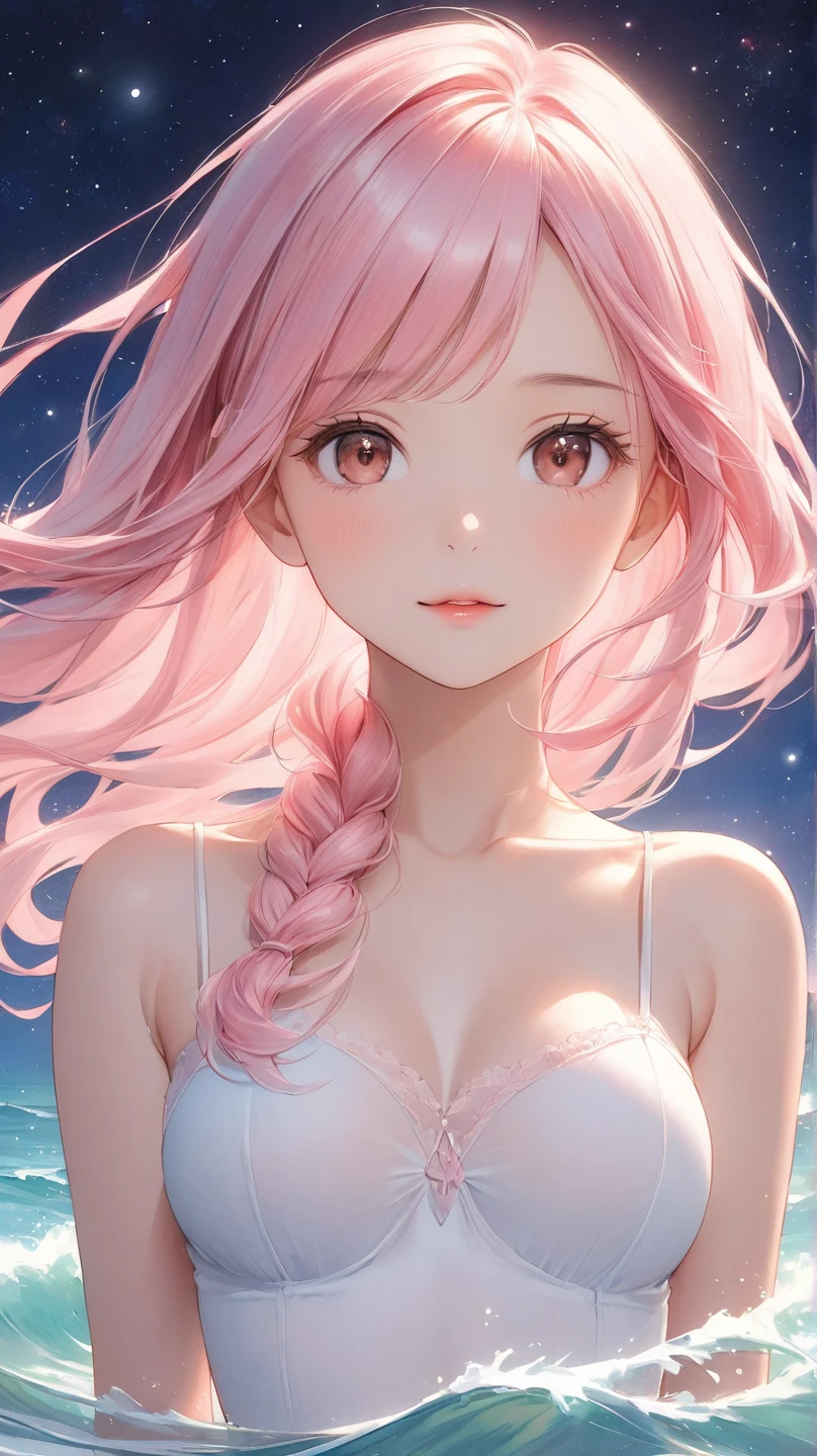 official art, masterpiece, sharp focus, (beautiful gorgeous cute woman:1.3), (beautiful cute :1.3), Cuban beauty, Delicate and beautiful blonde and pink hair, big lips Red, large nose, realistic, ultra detailed, beautiful girl, blue sky, glow white particle, (sidelighting:1.2).
