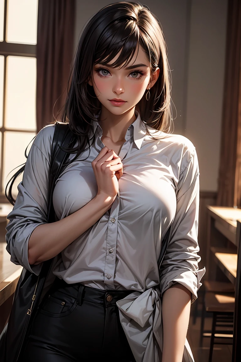 1_girl, solo, Pose: Woman seated or standing with one hand gently resting under her chin, her fingers softly touching her face. Her head can be slightly tilted, emphasizing a thoughtful or reflective mood.Expression: Calm and contemplative, with a soft gaze or slight smile, conveying depth and introspection.Attire: Elegant and refined outfit such as a sleek blouse, a chic dress, or a tailored suit that complements the sophisticated mood.Hair: Styled neatly, whether in an elegant updo, smooth waves, or a sleek ponytail, adding to the poised appearance.Makeup: Subtle and polished, with emphasis on the eyes and lips, enhancing her thoughtful expression.Background: A simple, elegant setting such as a minimalist room, a cozy reading nook, or a softly lit studio backdrop that keeps the focus on the subject.Lighting: Soft, diffused lighting that creates gentle shadows, highlighting the contours of her face and the hand-on-chin pose.Accessories: Minimal and delicate, such as a simple bracelet, a pair of small earrings, or a watch that adds a touch of refinement.Props: Optional, such as a book, a journal, or a cup of tea, enhancing the introspective mood.Mood: Reflective, poised, and elegant.
