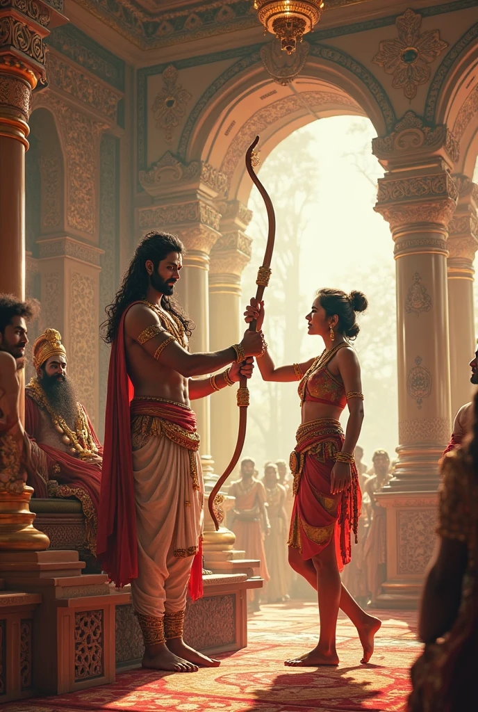 Sita's Swayamvara: Ram breaking the bow at Sita's swayamvara and their marriage.