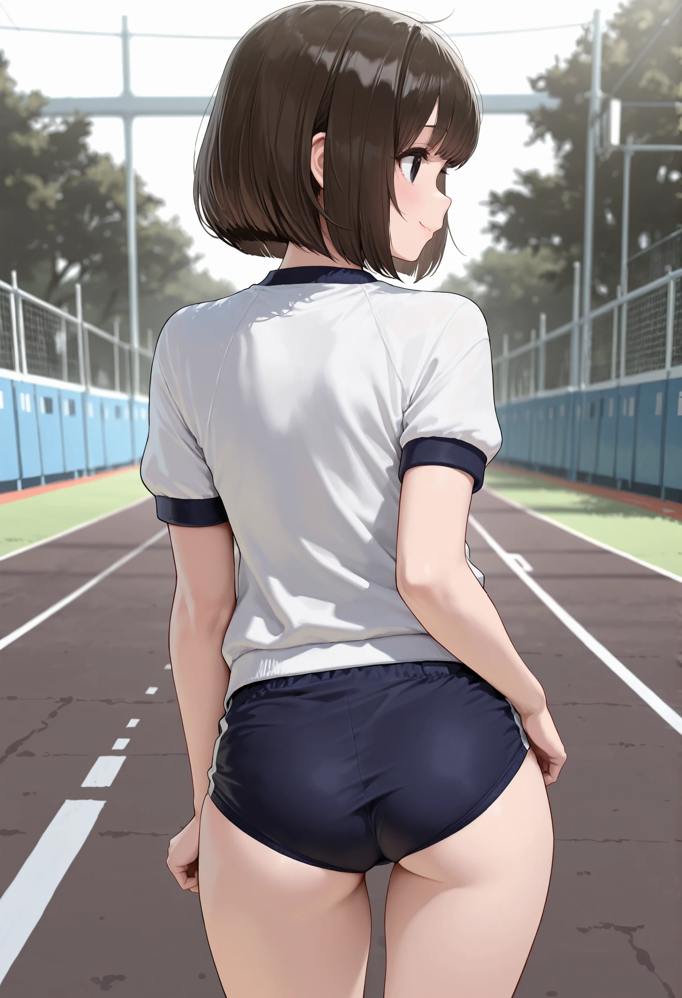 Very detailed CG Unity 8K wallpaper),(masterpiece), (Highest quality), (Very detailed), (Best illustrations),(Best Shadow), Dynamism,16 years old,Purple eyes and purple very short hair,Large Breasts、Track uniform、Athletics、Play sports often、Insert the penis into、Open your legs while crouching、Perfect body、Semen overflows from the pussy、Surrounded by a large group of men、From below
