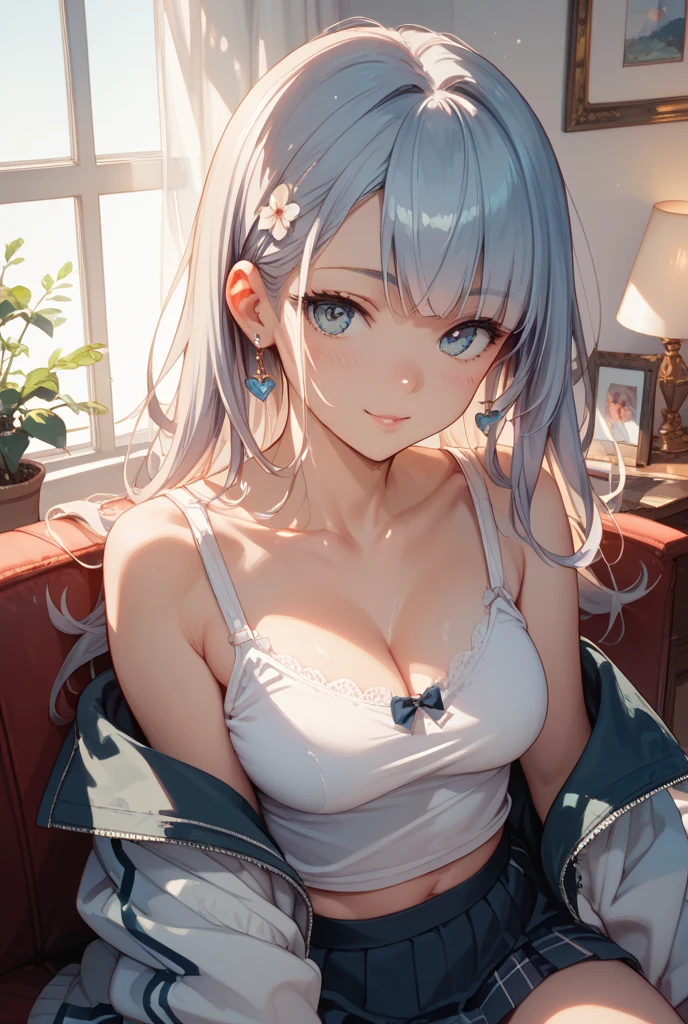 (8K, Highest Quality, Masterpiece:1.3)), Ultra HD, (1 girl, Solo), (Color changing eyes, Ultra detailed, Expressive glow, Sparkling eyes), Very detailed eyes, Very detailed face, Random hair, (Silver grey color), Exposed, Cheating, Seduction, Standing, Cardigan, (Cute bra:1.3), (Blush:1.3), Breath, White skin, Seduction, Living room at home, Angle from above, Sunset,