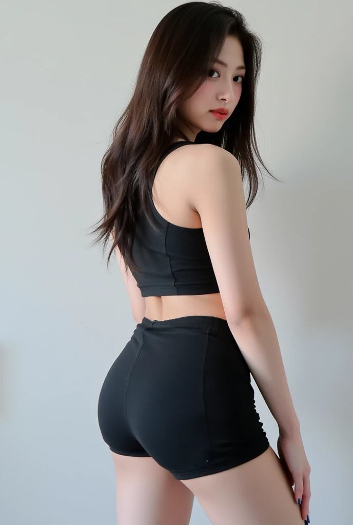 masterpiece, masterpiece, best quality, best quality, real, unity, 8k wallpaper, official art, highly detailed cg unity 8k wallpaper, ulzzang-6500, one girl, cute, professional lighting, ((glossy, long black spandex shorts: 1.37)), long hair, disheveled hair, (original: 1.2), (real: 1.4), ultra detailed, high resolution, super detailed, fantastic, Fine details, cinematic lighting, simple costumes, detailed clothing texture, bed, sleeping, back view, buttocks, projected from above. (8k, RAW photo, highest quality, masterpiece: 1.27), (realistic, photorealistic: 1.37), physically based rendering, handsome, masterpiece, highest quality, high resolution,
