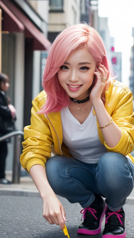 (8K, top-quality, masterpiece:1.2), (reallistic, Photorealsitic:1.37), Super Detail, One girl,), (Highly detailed), (beautifully detailed eyes), (of the highest quality), (super detailed ), (masterpiece), (Detailed face),20yr old, ,1 girl, ((pink hair,long hair)), medium breasts, clothed, Perfect Lighting, BREAK, (yellow:1.3), (sky blue:1.2), (leather:1.2), (glossy:1.5), (soft leather:1.2), (satin:1.1), (silk:1.1), (jacket:1.2), (silver rider jacket:1.3), (yellow leather jacket:1.3), (wide leg pants:1.3), (white wide leg pants:1.3), (sky blue silk blouse:1.3), (blue silk:1.2), (heroine:1.2), (Jetman heroine:1.2), (Japanese tokusatsu heroine:1.1), (elegant:1.1), (cool:1.1), BRAKE, (upper body to knees:1.2), (long pink hair:1.2), (smiling:1.2), (facing diagonally:1.1), (city park:1.2), (blue sky:1.2), (natural light:1.2), BRAKE