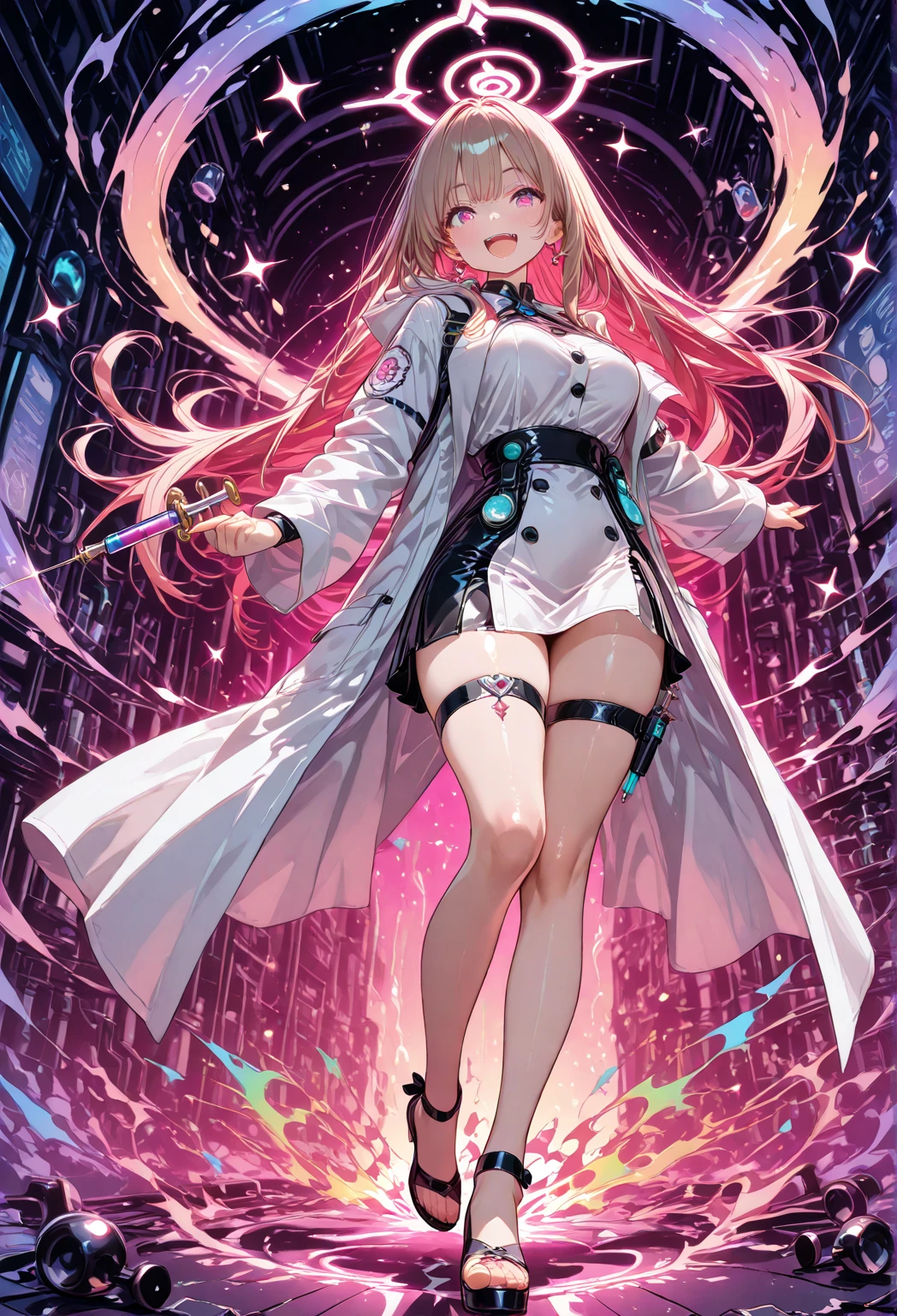 masterpiece, best quality, ultra-detailed, illustration, 

1girl,  large breasts, long hair, full body, blush, high heels, bangs, jacket, pleated skirt, laser gradient pleated skirt, white pantyhose, white fishnet_legwear, pink jacket, sneakers,  red glowing eyes, light blonde hair, Collar,evil smile,shiny hair, shiny skin, shiny eyes,

<lora:Nikke-Viper-v2:0.8>