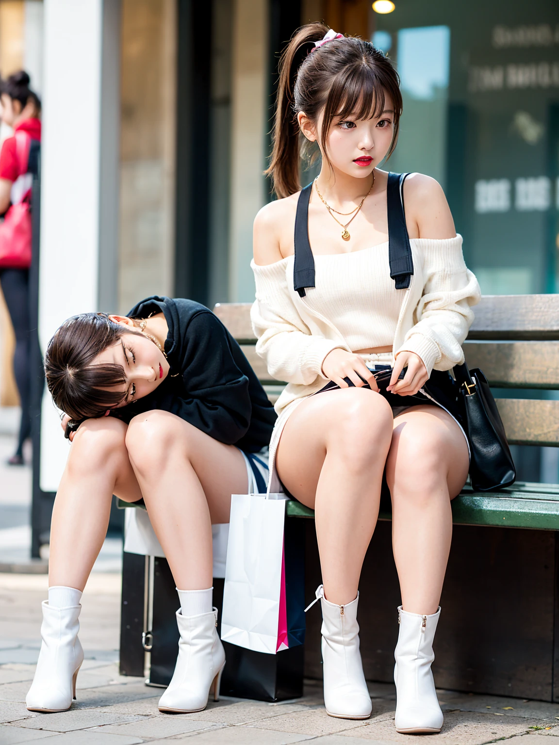 duas Prostitutas japonesas usando roupas fofas sentadas em um banco quadrado, crying with an expression of sadness as it rains on the street at night