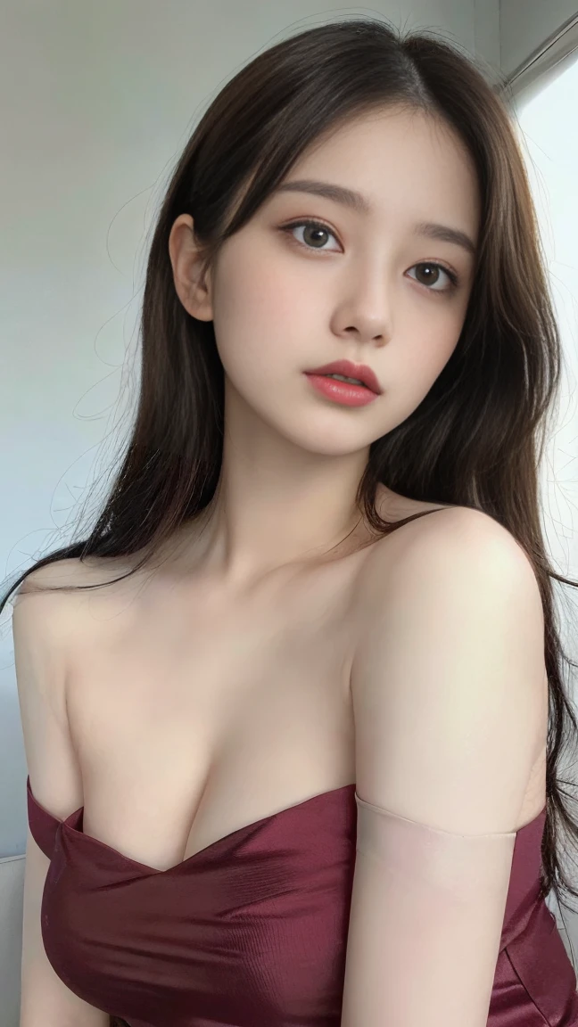 (lifelike, high - resolution:1.3), 1 girl with a perfect body and black hair, Super fine face and eyes,slong hair,Short pink dress1.2, big boob,Expose cleavage