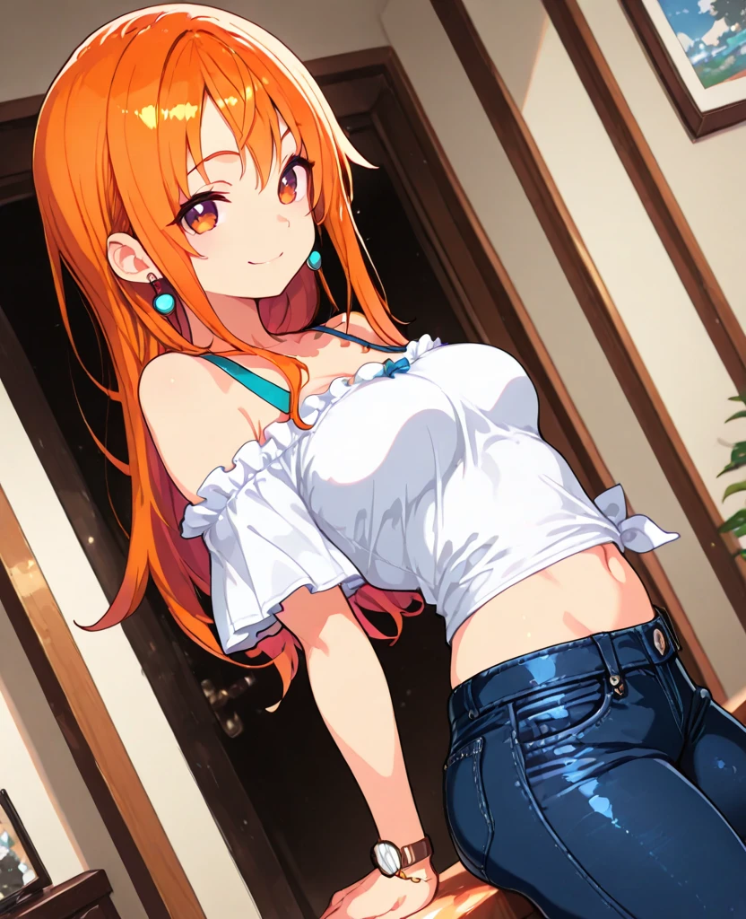 (masterpiece:1.2), (pale skin:1.2), (solo:1.2), (female:1.1), (emphasis lines:1.3), (bare shoulders:1.1), (collarbone:1.2), (navel:1.1), (suspenders:1.1), denim shorts, orange hair, blue eyes, hip bones, (indoors:1.1), (palace:1.1), castle, windows