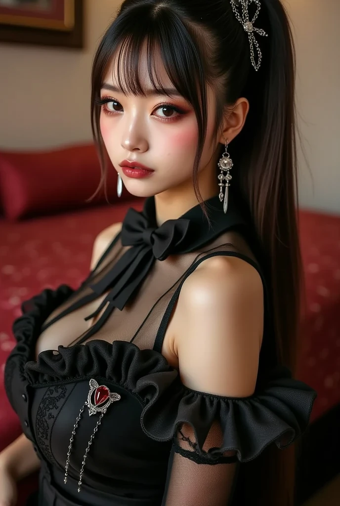 tra-detailed、Japanese、attractive beauty、seductive adult woman、pretty woman、piercing eyes、cool girl、wavy hair、swept bangs、Long Black Cheongsam、wide sleeves、Evil cadres、evil depravity、brainwash、mind control、lipstick、lip gloss、dark makeup、smirk、whisper in your ear、Evil expression、evil、hollow eyes,half-closed eyes、empty eyes、evil、church at night、vampire、succubus、vampire、Swear allegiance、sexy pose、hair ornaments、