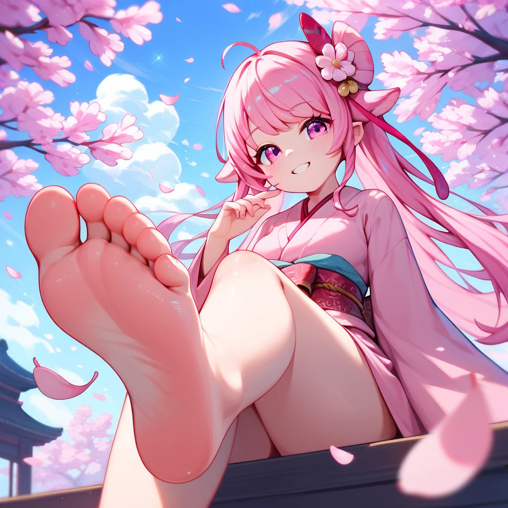 haruno sakura, naruto \(series\),( legs,bare legs,thighs:1.2), 1girl, blue headband, cherry blossoms, green eyes, grin, hair intakes, headband, jacket, long hair, looking at viewer, pink hair, red jacket, sketch, sleeveless, sleeveless jacket, small breasts, smile, solo, portrait , ((masterpiece)),