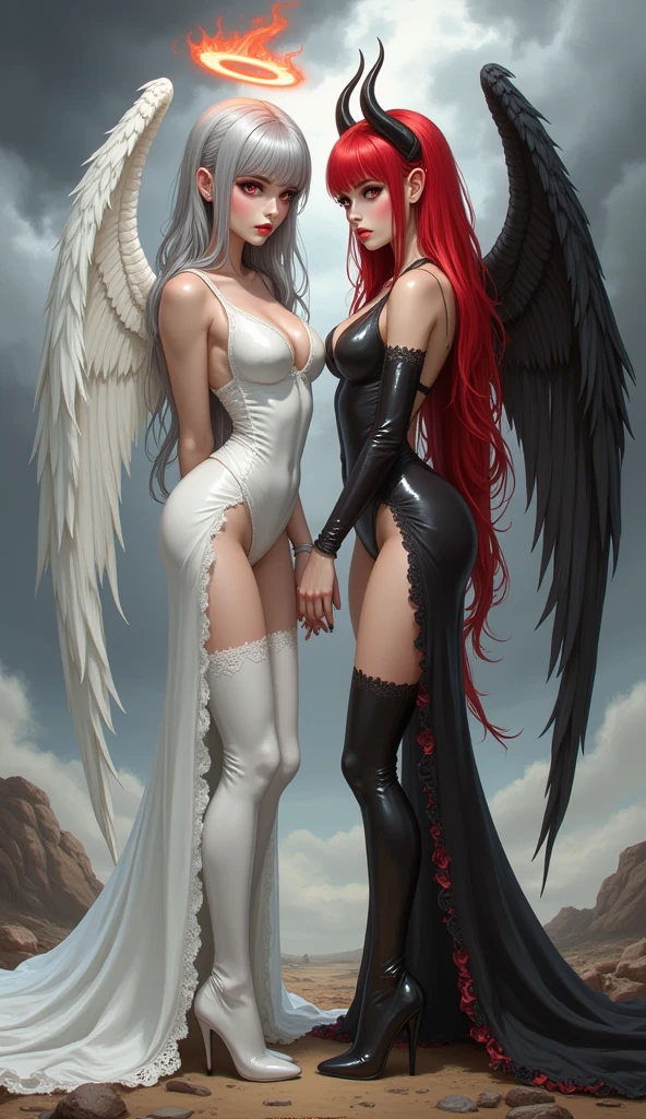 Two women in the photo. An angel woman (white hair, blue eyes, halo, blue aura all over her body, wings) next to a demon woman (Red hair, red eyes, cyphers, intimidating look, red aura). Renaissance art