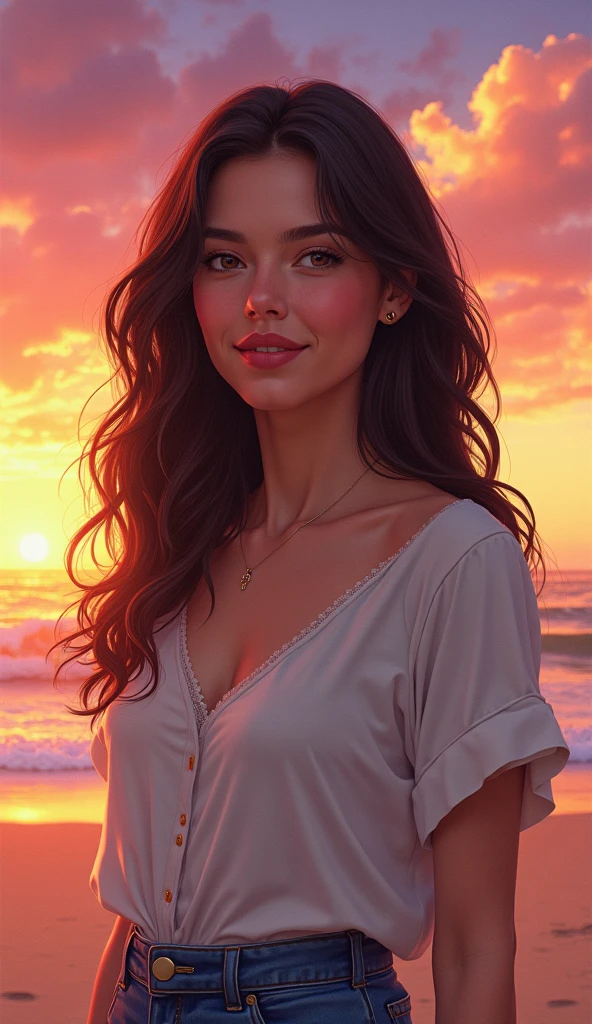 Latina girl, light brunette, masterpiece, Best Quality, ultra detailed, beautiful detailed face, Nice smile, beautiful almond eyes, hermoso atardecer on the beach, small construction, Smoothed hair, on the beach, naked
