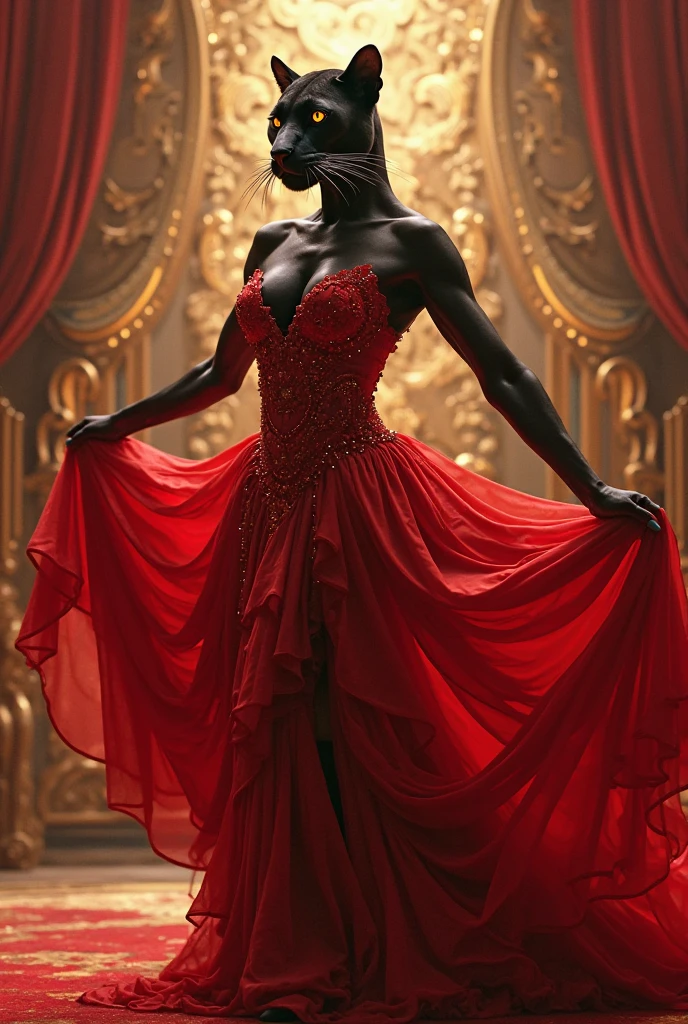 Um close de uma mulher com uma roupa preta e vermelha