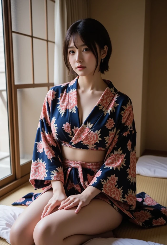  Highest quality, figure, Super detailed, In detail, High resolution, 8k wallpaper, Perfect dynamic composition, Beautiful attention to detail, Japanese Beauty、Brown Hair、Pitch-Dark Room、Japanese-style room、Yukata at a Ryokan、barefoot、White panties、Yukata comes off、Sleeping on your back、Spread your legs