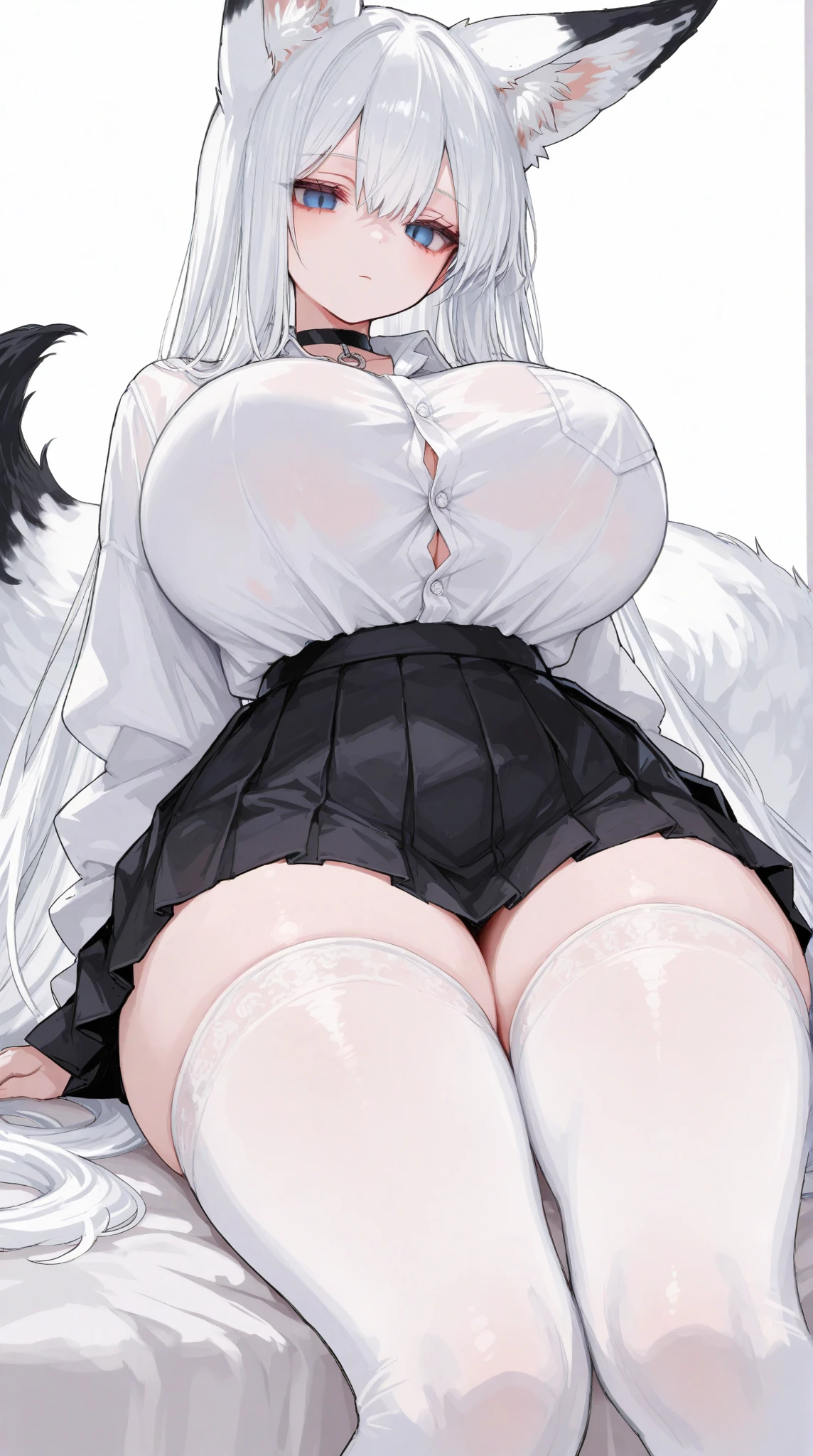 female anthro snow leopard,  lunettes, sourire, ((secretary clothes, garter belt tights)), home,, detailed skin, jambes parfaites, cuisses parfaites, (((Curvy Body))), gros seins, 