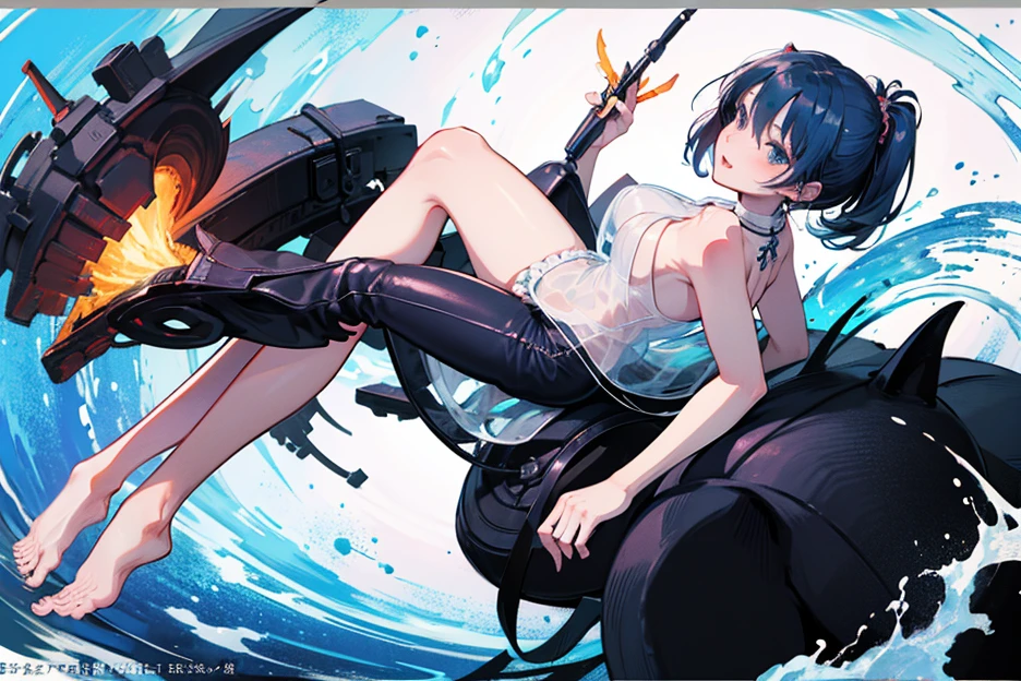 (Best quality, 4K, a high resolution, masterpiece: 1.2), (Heart: 1.2), ultra detailed, Realistic: 1.37, soft lighting, Beautiful detailed eyes and lips, One girl, blue hair with bangs, high ponytail, tired, bare legs, shorts, Abstract background, waves sea foam, magic