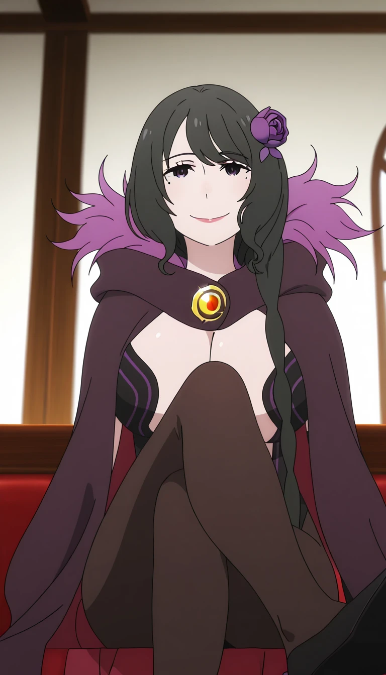 purple flower,hair flower,bangs,purple eyes,braid,mature female,makeup,eyelashes,hair over shoulder,black hair,fur-trimmed cape,black cape,two-sided fabric,fur trim,revealing clothes,large breasts,black dress,strapless dress,pelvic curtain,side slit,center opening,cleavage,navel,bridal gauntlets,detached sleeves,brown pantyhose,Exquisite visuals, high-definition,masterpiece,best quality,, 18yo,Young female,Beautiful Fingers,Beautiful long legs,Beautiful body,Beautiful Nose,Beautiful character design, perfect eyes, perfect face,expressive eyes, official art,extremely detailed CG unity 8k wallpaper, perfect lighting,Colorful, Bright_Front_face_Lighting,shiny skin, (masterpiece:1.0),(best_quality:1.0), ultra high res,4K,ultra-detailed, photography, 8K, HDR, highres, absurdres:1.2, Kodak portra 400, film grain, blurry background, bokeh:1.2, lens flare, (vibrant_color:1.2), (beautiful_face:1.5),(narrow_waist), ,NSFW,blush,smile, sitting, spread legs, cameltoe, solo, skirt lift, dress lift, upskirt
