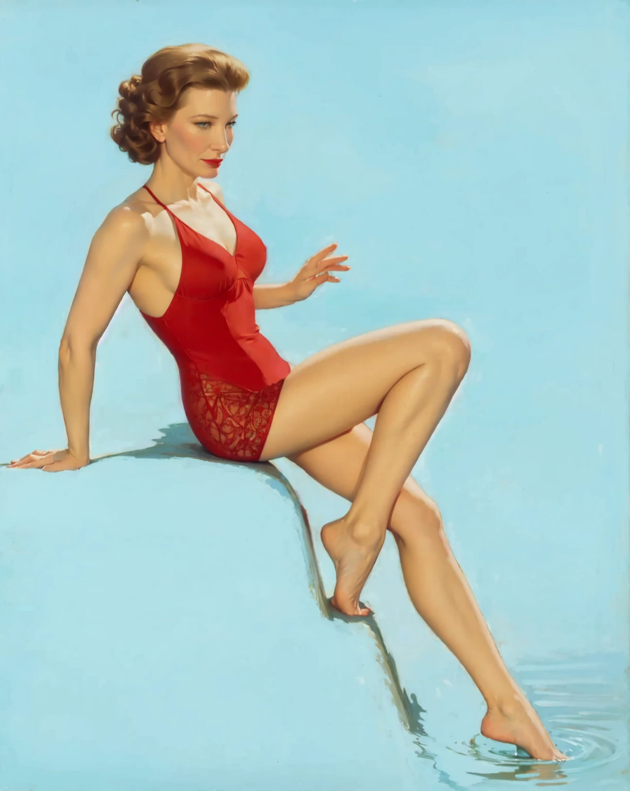 there is a woman in a red bikini sitting on a blue floor, pinup pose, elegant floating pose, pinup body, in retro swimsuit, girl pinup, pinup, inspired by Bunny Yeager, pinup girl, sixties pinup, female floating, pinup art, 1950s illustration style, dramatic floating pose, in a jumping float pose, woman is curved