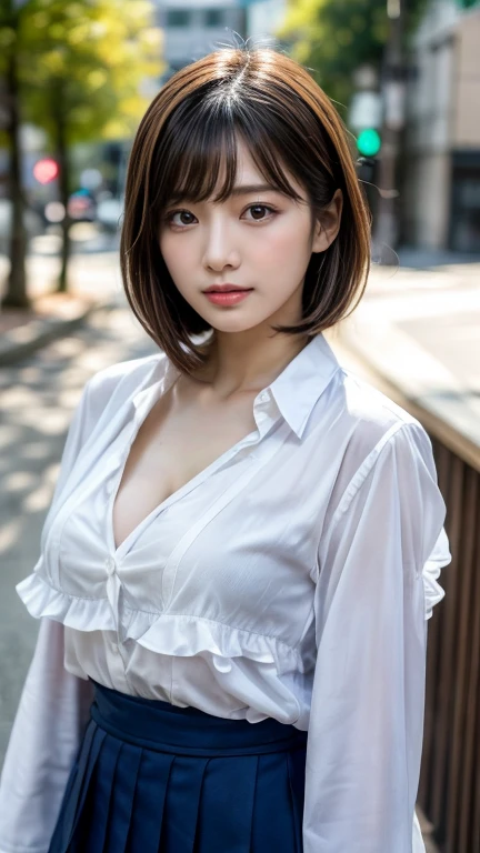 (8K、RAW Photos、top-quality、​masterpiece:1.2)、(realisitic、Photorealsitic:1.37)、女の子1人、japanes、18year old、femele、during daytime、A city scape、Street、wet street surface、natural soft light、(Front view)、dark brown hair、bob cuts、详细的脸、Detailed lips、detailedeyes、More skin、二重まぶた、(huge-breasted:1.5)、(Nipple protrusions：1.3)、(big areolae)、pubick hair、Dark pubic hair、(See-through shirt, Wet shirt、open-shirt)、(panthyhose)、(Clothes see-through)、no-bra、Panties、Sense of transparency、a miniskirt、high-heels、(The shape of the pubic area is clearly visible)、perfectbody、((Wet body : 1.5))、shinny skin、crouching down、((Open your crotch))、sexypose、sexy facial expression、looking into the camera、Perfect and cute face