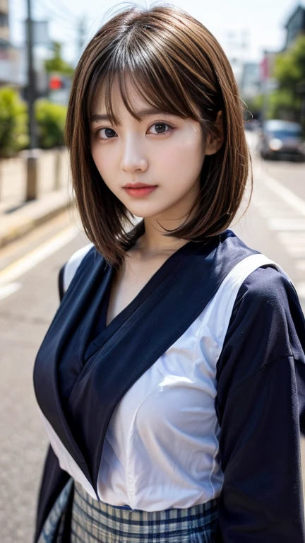 1 Woman, Japanese Woman,(Housewife:1.5),(40 Years Old:1.68),(Attractive Mature Woman:1.66),(Middle Age:1.78),(Small Round Face:1,69),(small breasts:1.5),((graduated haircut)),(design tunic),(((Cities, streets, trees, sidewalks))),