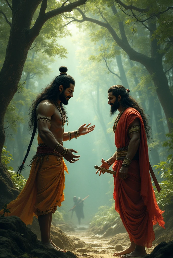 A young king ekalavya with fit body cutting his left hand thumb In front of his guru Dhronacharya in forest