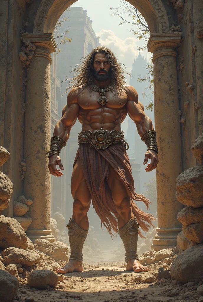 Depict Samson from the Bible as a towering, muscular figure with long, flowing hair cascading down his back, symbolizing his divine strength. Use a RAW photo style with a photorealistic approach (1.4), ensuring the image is a masterpiece (1.3) with the best quality (1.4). The scene should be ultra high resolution, with detailed facial features, detailed clothing features, and HDR for enhanced contrast. The image should be 8k resolution, capturing the shine on Samson's skin and emphasizing the extreme detail in the illustration.

Show Samson standing in a powerful pose, full body, with no beard. His skin should be tight and shiny, reflecting the light, adding to his god-like appearance. The scene is clean and well-composed, highlighting his strength and resolve