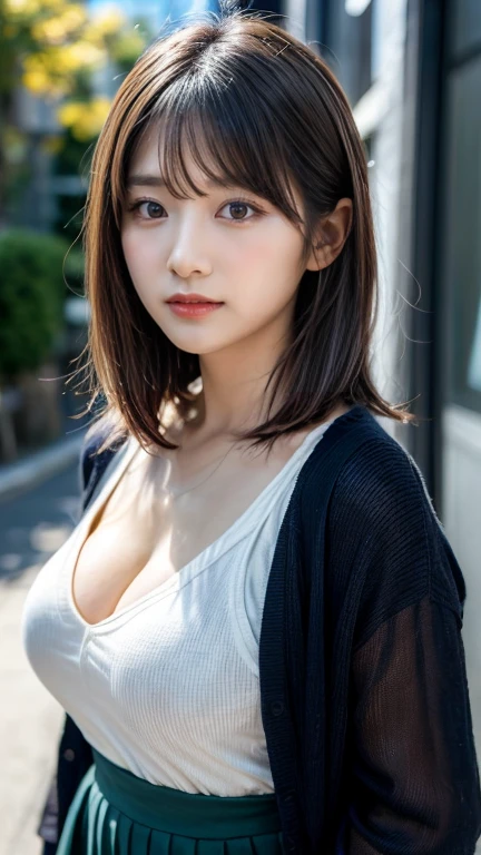 (highest quality、8K、32K、masterpiece、nffsw:1.2)、photo of cute japanese woman、big breasts:1.4、very short bobbed hair、Upper body、surface focus、suit、necklace、simple background、From above、looking at the viewer、cleavage:1.5、balanced body