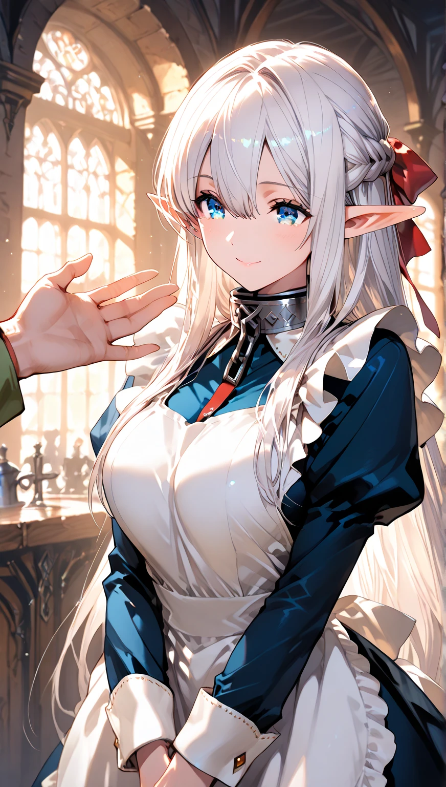 tavern room, on bed, inn, smile, Smiling, solo, 1girl, soft smile, slender figure, slim, young girl, short height, full cheeks, skinny, short height, Sexy, Beautiful composition, the trees, beatiful face, handsome body (Body Full 1.1.), Beautiful figure, in full height (Body Full 1.1.), closed mouth, tongue out, Digital Art, sexypose, beautiful breasts, small-sized breasts, High Elf Knight(Body Full 1.1) elf, (Dark Blue eyes:1.5), white hair, long hair, braid on hair, silver hair, Knight, Beautiful figure, beautiful breasts, (Fullness of the body.1,1) silver hair, Hair between the eyes, hairlong, straight hair, pointed ears, long ears, side locks, bangs, Asymmetrical Clothing, elf, (Masterpiece:1.2), Best Quality, High Resolution, Unity 8k Wallpaper, (illustration:0.8), (beautiful detail eyes:1.6), extremely detailed face, perfect lighting, extremely detailed CGI, (perfect arms, perfect anatomy), epic composition, plate armor, knight armor, spear in hand, hair braid on head, braid, tress, tress on head, golden spear, looking at viewer, necklace, cleavage