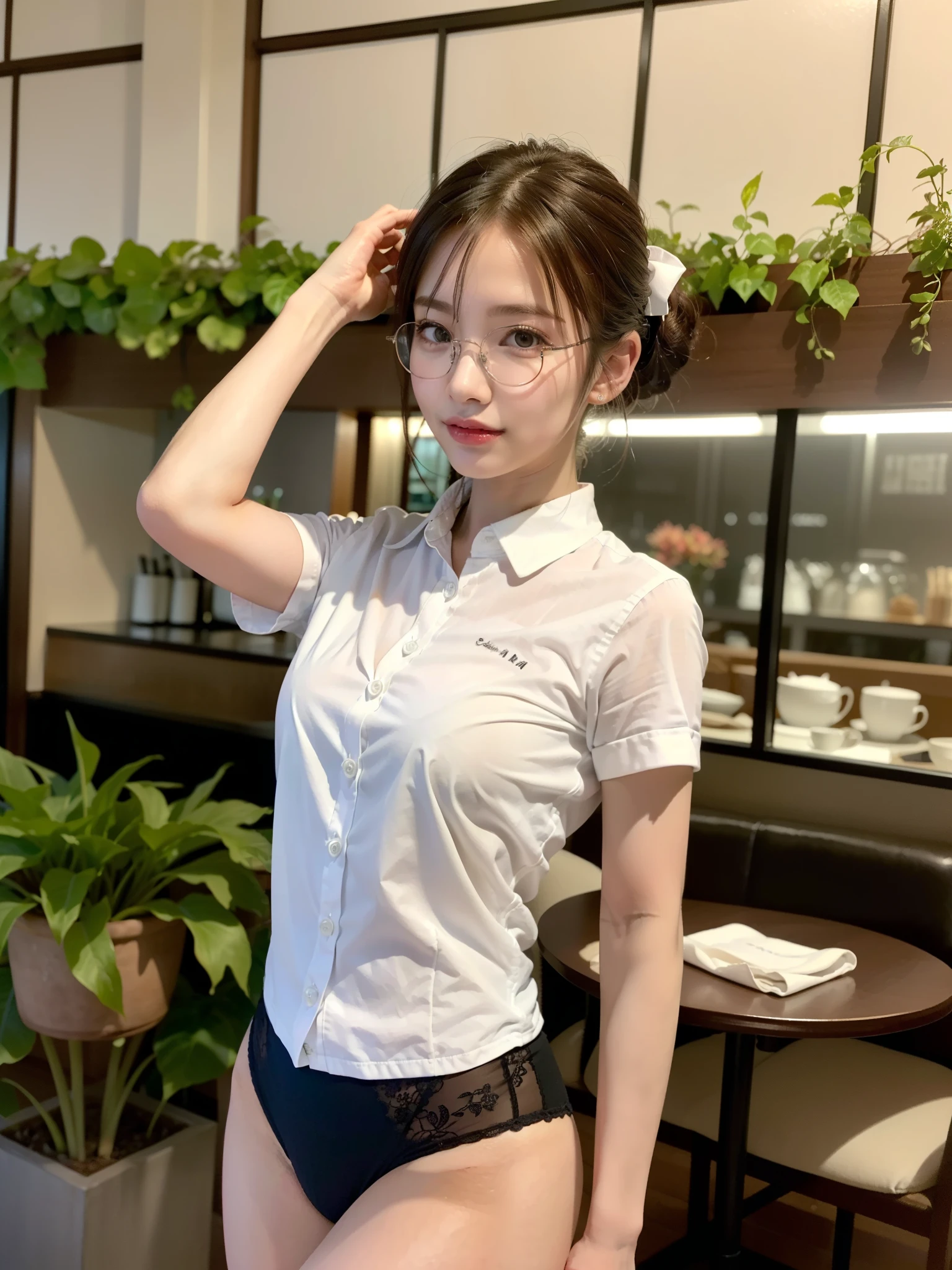 ((Best of the highest quality, 8k, Masterpiece, raw photo: 1.2)), (Sharp focus: 1.2), (1 AESPA, slim body type female, 21 y/o: 1.1), (Solo: 1.28), (realistic, photo-realistic:1.37), face focus, cute face, finely eyes, (droopy eyes: 1.32), (Emphasize prominent aegyo-sal with bright: 1.2), shimmering eyeshadow applied under the lower lash line, paired with thick, (small breasts, flat chest, Thigh: 1.3), (short messy hair, bangs, updo: 1.28), (wearing button down business shirt, panties: 1.32), walking terrace dining, flower, (from below: 1.12)