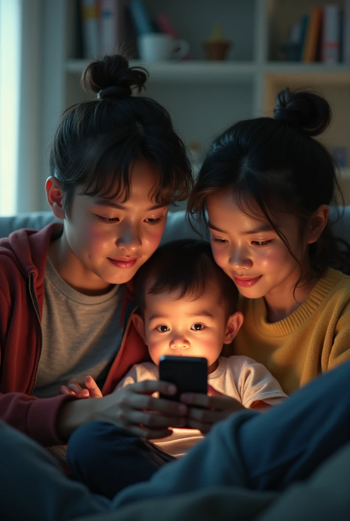 I would like an image of a mother of about 40 years old with two children of 8 and , all of Salvadoran origin, Latin American features, sitting in the living room of her house., A middle-class family talking on a video call via cell phone with their husband in the United States.