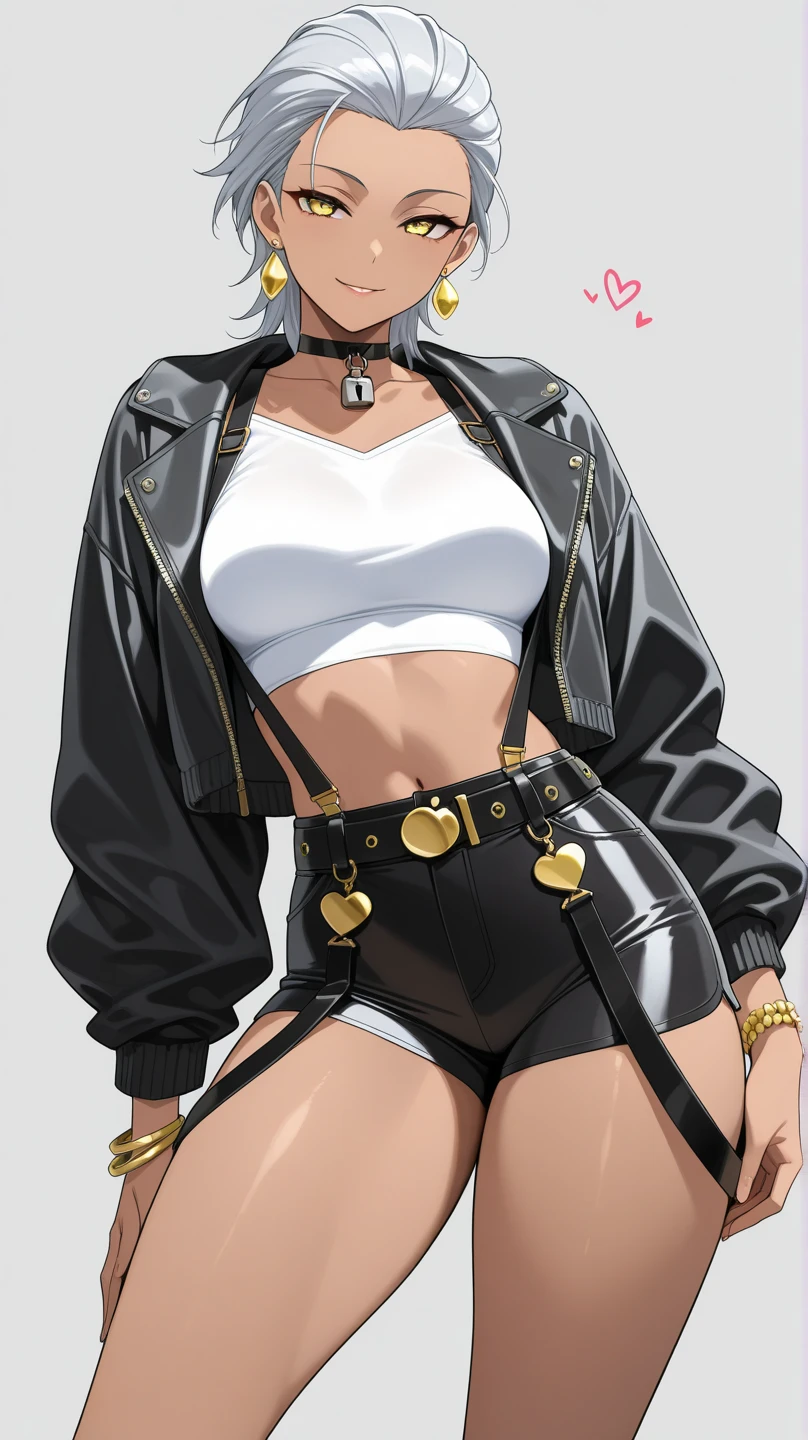 gloves fingerless, White hair, leather jacket, a black bra, short, pantyhose, brown skin
