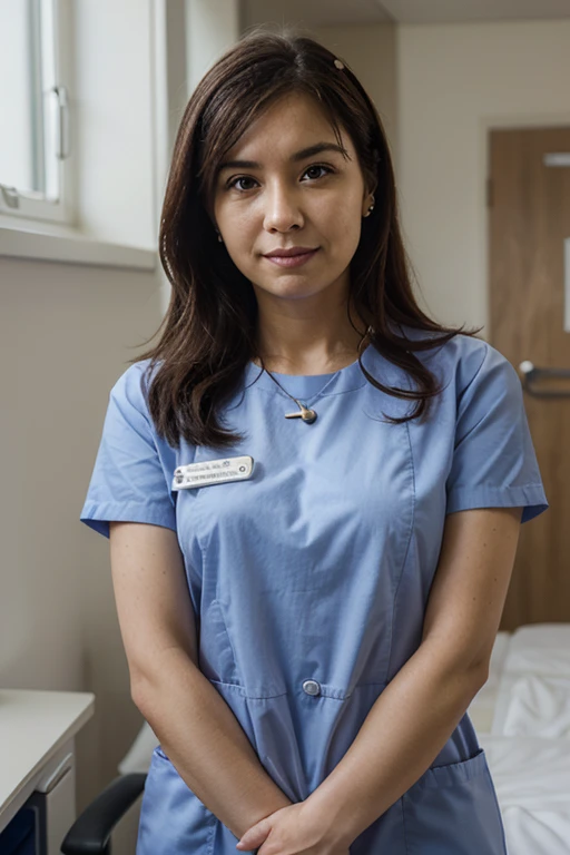 masterpiece, best quality, 16K, hospital, operating room, old woman, interior photo, glad, smiling, (indian style), ((spread pussy)), (sitting on the bed), front view, long hair, ponytail, black hair, eyes open, (large breasts:1.41), (wrinkles corners eyes:1.32), (nasolabial:1.32), (old skin:1.32), freckled skin, wrinkles skin, pale skin, (old muscles:1.2), plump, {(nurse), ((breast pocket)), ((collared dress)), ((short dress:1.48)), (LightBlue dress), (see-through dress:1.1), ((short sleeves)), ((thighs)), (LightBlue headwear), (red tee-back panties), (LightBlue sandals), ((stethoscope))}, (undone clothing:1.25), beauty mark, 65-year-old, old, elderly, japanese, inside, in the hospital, in the sickroom, in the afternoon, real person, ultra realistic photo, nsfw, full body shot, from front, front view