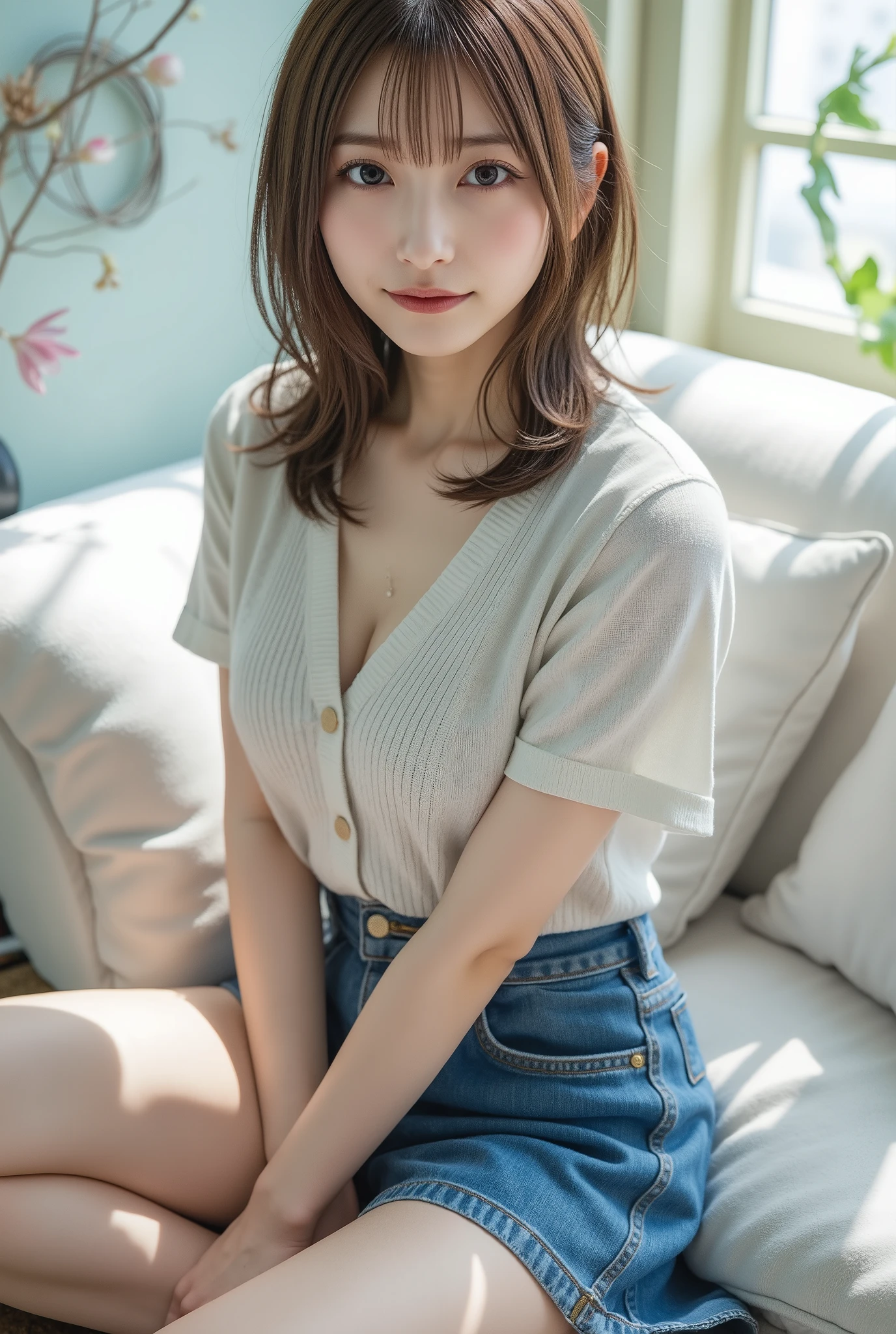 in 8K:1.5,Best Quality:1.4, 超A high resolution:1.5, (Photorealistic:1.4),masterpiece:1.2,(top-quality:1.4)、Raw photo、1a japanese girl、Cute、 (RAW フォト:1.2), (フォトリアリスティック:1.4), 美しい詳細な表情の少女, (((とてもよく詳しい eyes and face, 美しく詳細な目元, 非常に詳細な顔、はにかんだ笑顔))), 傑作,素晴らしい, 1人の女の子, ((ダイナミックなポーズ)), ((ミニスカート), (Shy smile:1.5), Smooth skin、30-years old:1.5、Beautiful black eyes、natural skin textures:1.3, realistic eyes and face details、 (Brown medium hair),、middlebreasts、夏の日、美脚、彼女とのデート、ミニスカート、最高の笑顔、乃木坂