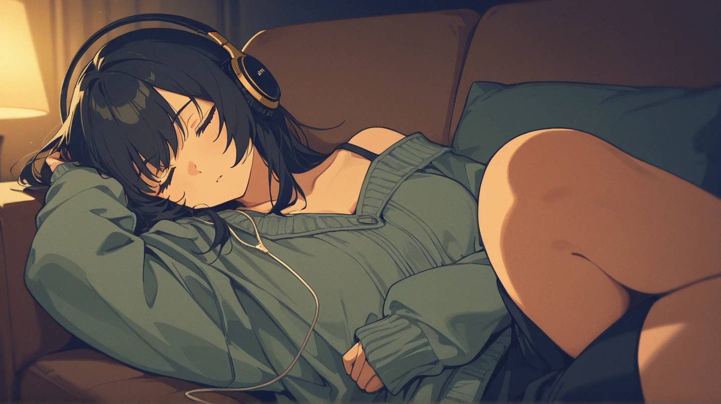Lofi Image, Lofi Tone, a girl in underwear dress, sexsy figure, Lie face down on bed, headphone, sleep, peachful, windows, cloudy sky