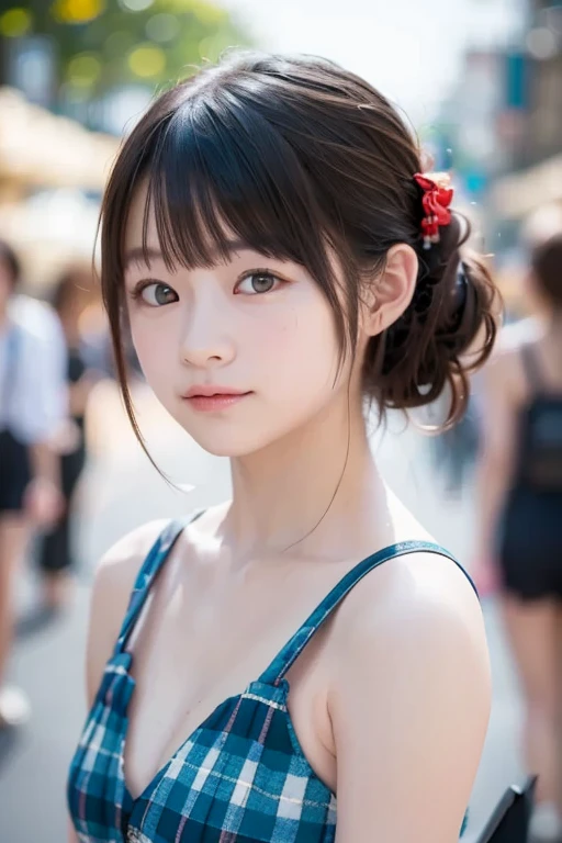 ((Best Quality, 8K, Masterpiece: 1.3)), Fat Body Beauty: 1.4, japanese girl, Bust fullness: 1.6, Thigh Volume: 3.0, Highly detailed face and skin texture, Delicate eyes, Double eyelids, Chubby face, thin lips, smile, fair skin, (dress: 1.6), Standing posture, city street background, burst out breast, flower pattern bra, short sleeves,big breast