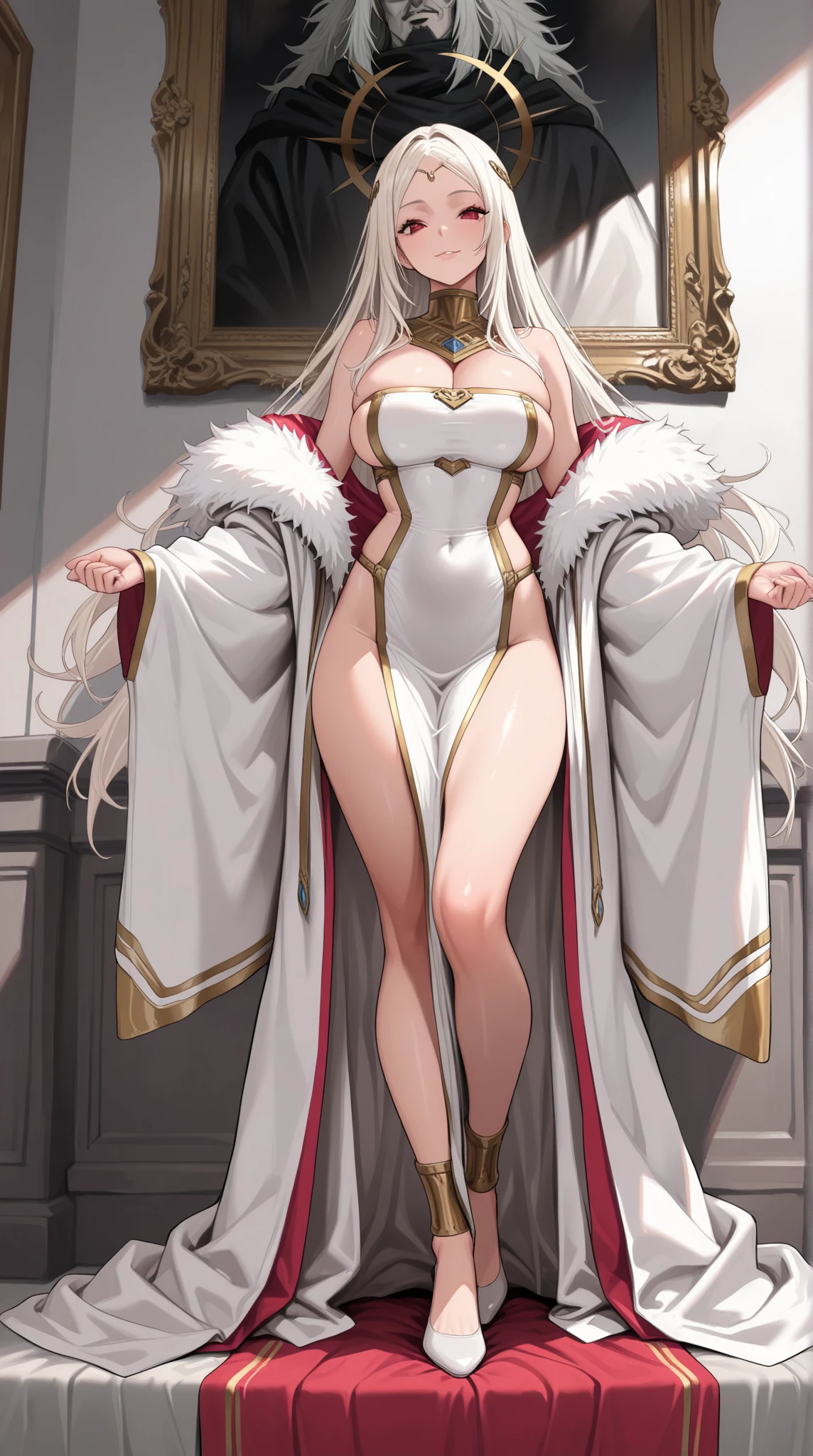 ((masterpiece)),((best quality)),ultra-detailed,illustratio,Explicit,Beautiful body,Beautiful Nose,Beautiful character design,perfect eyes,perfect face,wallpaper,ultra highres,4K,photography,(Beautiful breasts),(beautiful face),(beautiful legs, perfect legs),shiny skin,anime screencap,official style,BREAK,nsfw,1milf,goddess,grey long hair,large breasts,large hip,crown,wearing luxurious long off-shoulder dress,her have deluxe scepter, BREAK,blush seductive smile,in heat,sweat,breath,standing,cameltoe,pussy juice stain,sexual fluids,BREAK, in Royal Palace,looking at viewer,((full body)),from forward