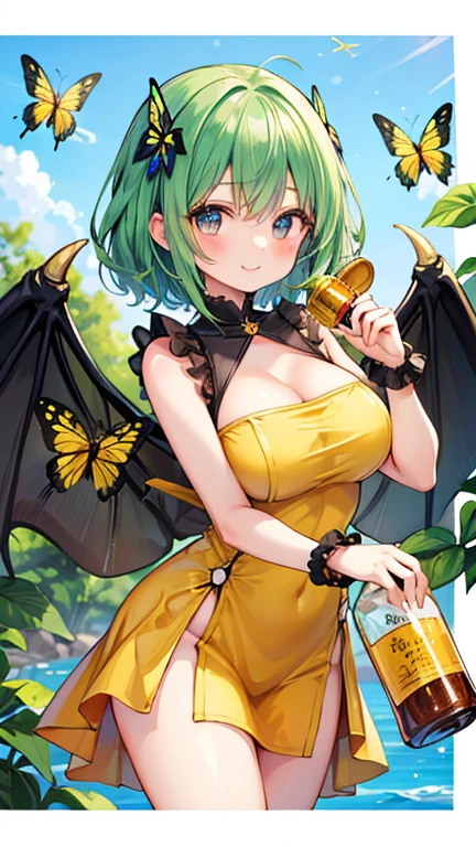 1girl,solo,antennae,black hairband, (long blonde hair),hair between eyes,hair flower,hair ornament,hairband,smile,red eyes,open mouth,(huge breasts:1.2),cleavage,(butterfly girl),butterfly wings,crazy straw,day,dress,flower,grass,high heel boots,light blush,long sleeves,looking at viewer,outdoors,short hair,thigh boots,blue sky,cloud,