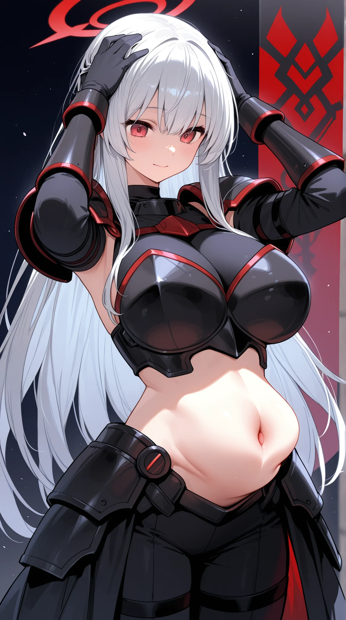 1girl, white hair, long hair, red eyes, serious, glowing eyes, large breasts, thick thighs, mature female, athletic female, toned, leotard, black leotard, thighhighs, belt, knife