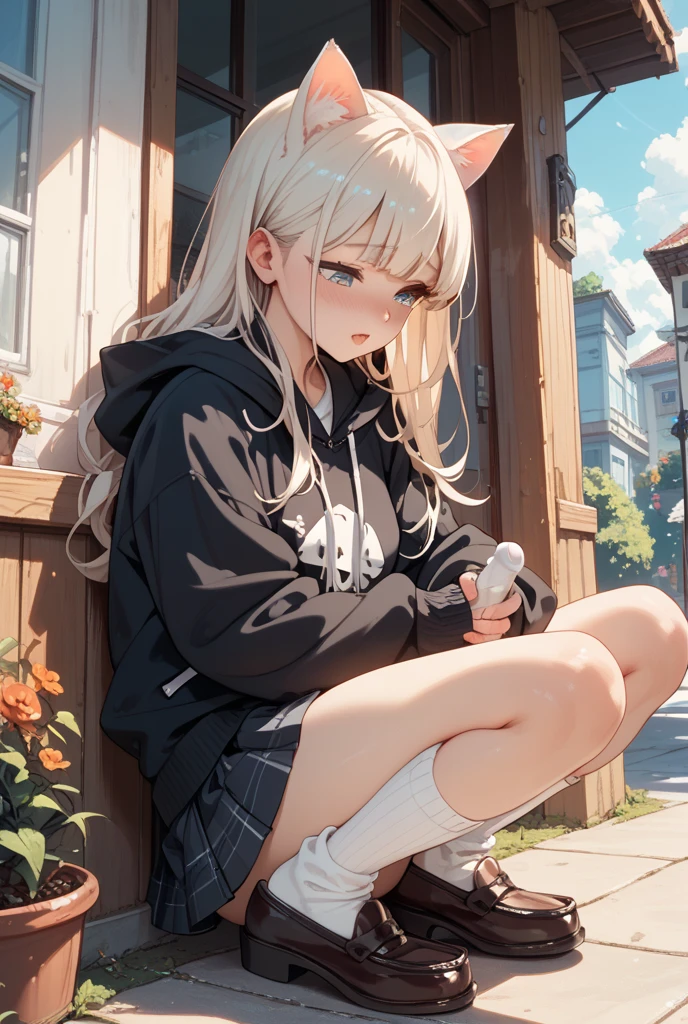 longshot、Cute girl smile、closing eye、Put your hands forward、Keep your palms facing up、Open your fingers、Sitting on a bench in a summer park