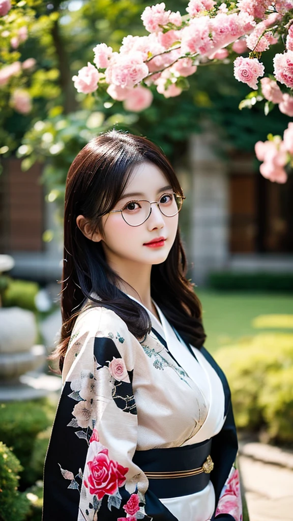 Girl in yellow salwar suite , and wearing specs , cherry blossom Background, closeup