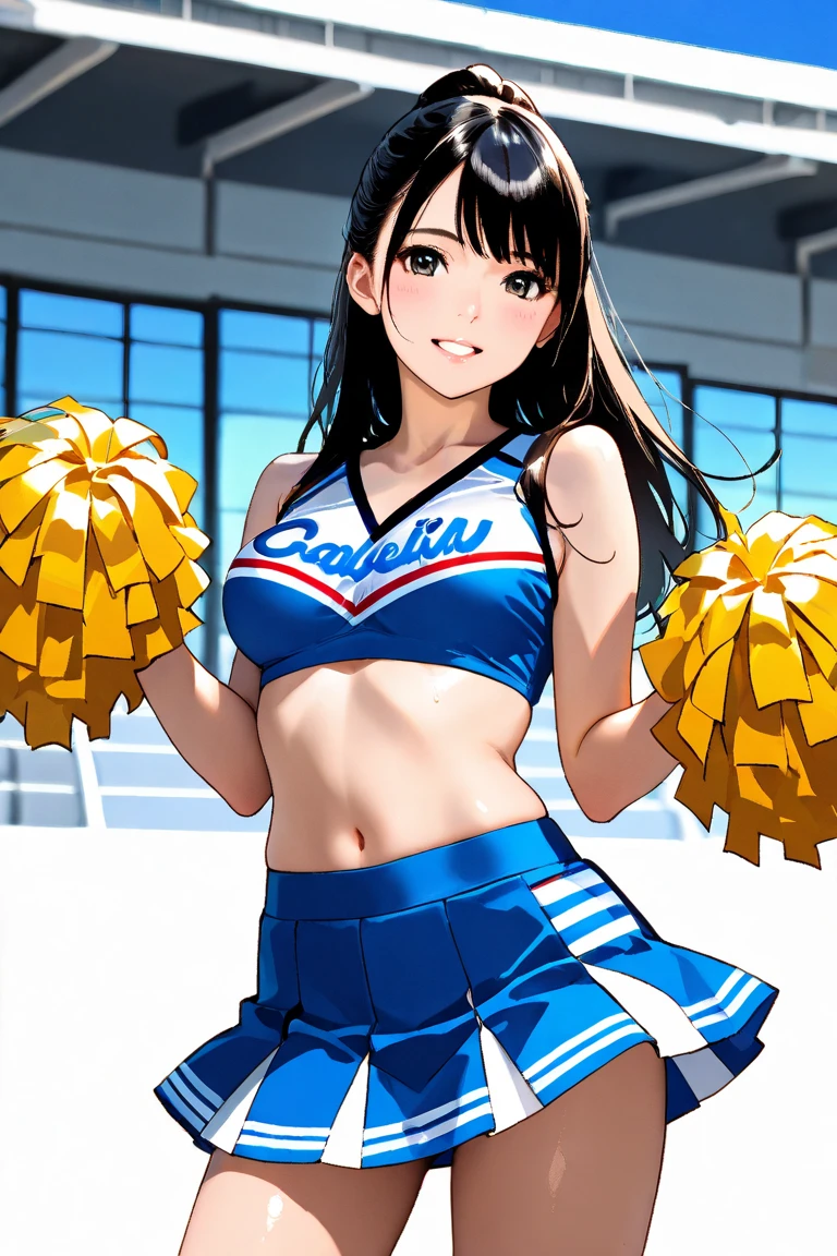 1 girl, japanese, 14 years old, white skin, medium chest, watching the view, (adorable smiling:1.5), 
beautiful detailed eyes, wink, (middle hair:1.4, hair slicked back, sport ponytail:1.7), (navel:1.1), brown hair,
(blue and red and white current cheerleader style:1.5), sports top exposed in the center, jumping, 
(beautiful scenery), day time, (stadium:1.5), 
(8k, top-quality, masterpiece​), beautiful illustration, cowboy shot,