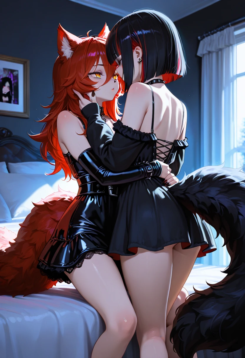 (masterpiece, 최고의 quality) junior,detailed, (beautiful,small breasts), blonde,long hair, side ponytail(tied to the left),Hairpin decoration with gold butterfly, elegant, (fox ears),nine tailed fox tail, red eyeshadow, 금색 eye동자, femur，black pajamas,ruffle pajamas,Bedroom Background,Lying in bed,girl,yandere,Wearing black tights,Wrapping up inside,Open crotch work clear 54% Seat Bot Txt2Img Studio (masterpiece, 최고의 quality),(beautiful_face:1.5),(small_waist),absurd:1.2, Kodak Portrait 400, film grain, blurred background, bokeh:1.2, lens flare, (vibrant_color:1.2),professional photography,(masterpiece:1.0),(best_quality:1.0), ultra high resolution,4K,매우 detailed, photography, 8 thousand, HDR,(chaste_big_eye:1.0),(light_laugh:0.3), official art,매우 detailed CG Unity 8k 벽지, perfect lighting,fancy, bright_front_face_lighting,looking at viewer,(Focus on her face),beautiful Finger,beautiful 긴 legs,beautiful body,beautiful Nose,beautiful character design, perfect eye, perfect face,완벽한 균형 junior,detailed, (beautiful,small breasts), blonde,long hair, side ponytail(tied to the left),Hair band decoration with gold butterfly, elegant, (fox ears),nine tailed fox tail, red eyeshadow, 금색 eye동자, femur，black pajamas,ruffle pajamas,Bedroom Background,Lying in bed,girl,yandere,Wearing black tights,cum in pussy,spred pussy,cum drip