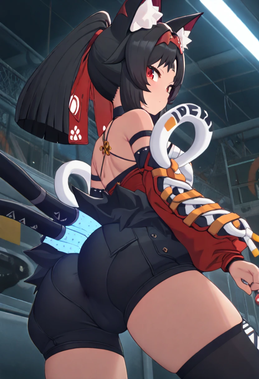 ((​masterpiece、best qualified))、1girl in、独奏、ChunLi、fullbody image、Black latex leotard、Muscular legs、eyes glowing red、Evil look、Exposed shoulders、Wearing tights on the legs、Black boots、Chastity belt with heart design、Mechanical background、Tied up to a machine、headphones、Black lightning around the body。
