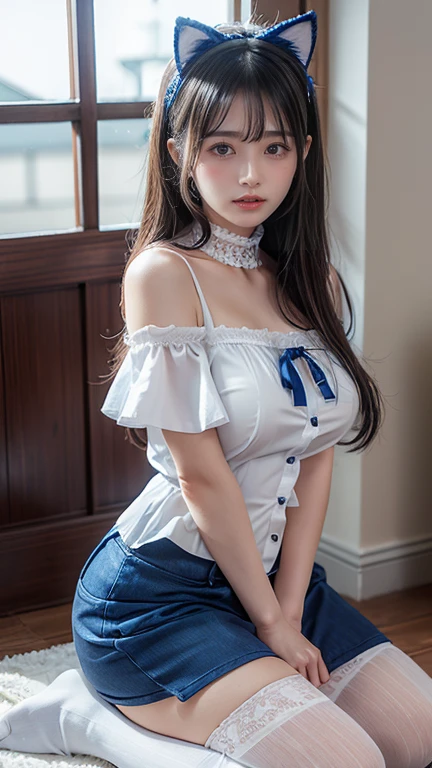 masutepiece, Best Quality, japanaese girl, 8K, Raw photo, top-notch quality, masutepiece, nffsw:1.2, exceptionally detailed RAW color photo, professional-grade photograph, (Realistic, Photorealistic:1.37), (highly detailedskin:1.2), Ultra-high resolution, (lenz 50mm),japanaese girl、a 18 year old girl、long、brawn hair、bangss、Brown-eyed、Perfect figure、Transparency、The sheen、Gloss、discreet breasts、校服、Navy blue ribbon、Light blue shirt、Navy blue skirt、Bra shows through、Hikaru、Burning Body、hposing Gravure Idol、on train、Beautiful feet、Strong sunshine、Odious、Rain-drenched body、女優、Gravure idol posing、乃木坂アイドル、Cross-legged