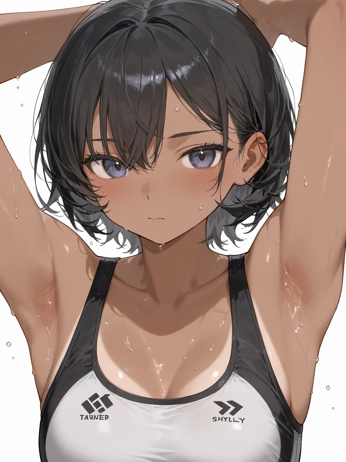 NSFW,(highest quality:1.2),(perfect beautiful face:1.2),(perfect and beautiful posture:1.2),(Solo,Japanese mature woman),(short cut hair,flat chest:1.2), (confused,embarrassed:1.3), shyness:1.1, (Sweaty, sunburned skin:1.0), ((sweaty wet sports bra),sweatey wet Sporty panties), close-up of armpit, mouth open a little,puffy nipples,cameltoe