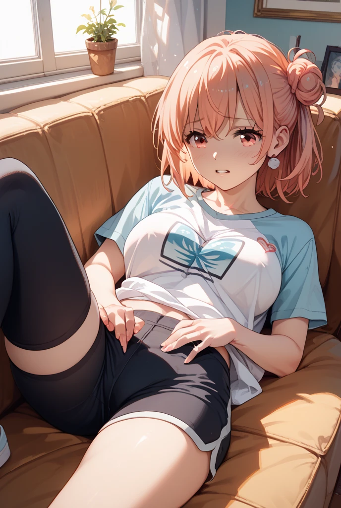 (8K, Highest quality, Highest quality, masterpiece), sit on the floor, (denim hot micro shorts), (vulva peek), big breasts, ((spread legs 1:2)), nm1, headphones around neck, long sleeves, blue cardigan, pantyhose, (fullbody), smile, school uniform, open jacket