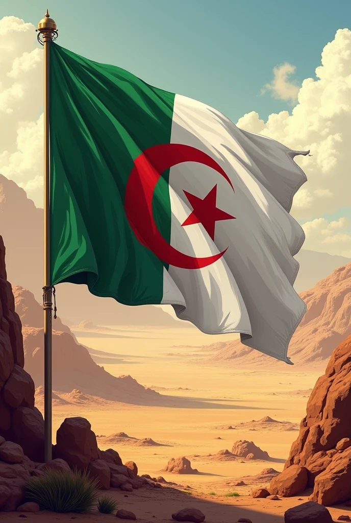 Écrire en haut. Il n'y a que Allah qu'Allah et Mohamed et le messager serviteur d'Allah
La drapeau algérien vert et blanc croissant de lune étoile rouge sang
Sur la planète terre et la Lune qui brille fort et le soleil à son zénith